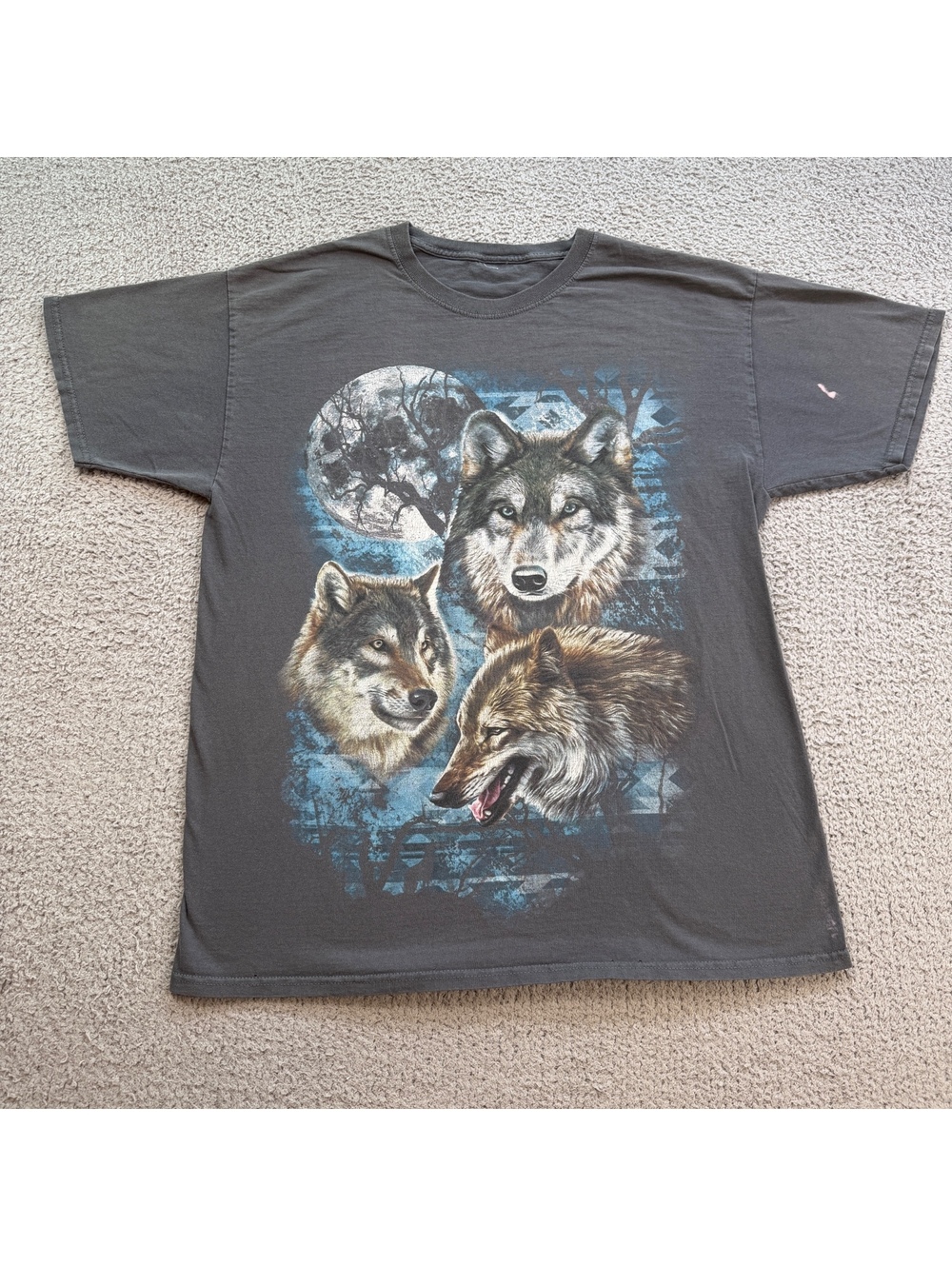 Vintage 2000s Wolf Pack Moon All Over Graphic T-Shirt Faded Gray M
